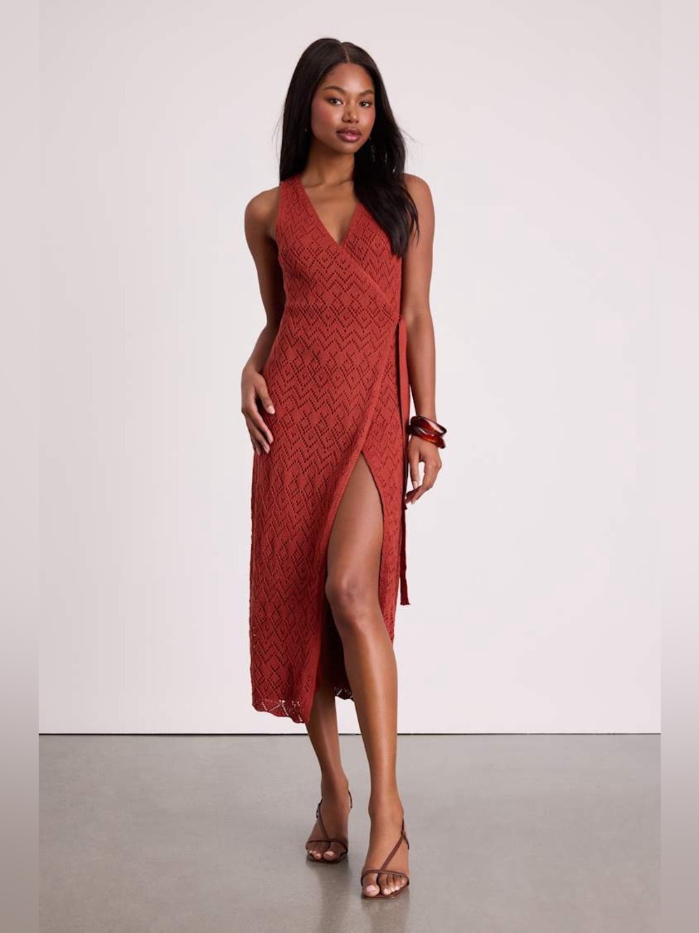 NWT Lulus Livia Rust Red Pointelle Knit Wrap Midi Dress Size Small